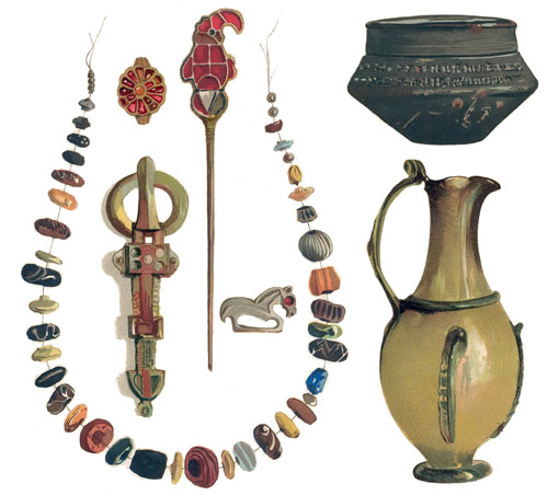 Quelques uns des objets trouvés dans le tombes du cimetière franc d'Herpes