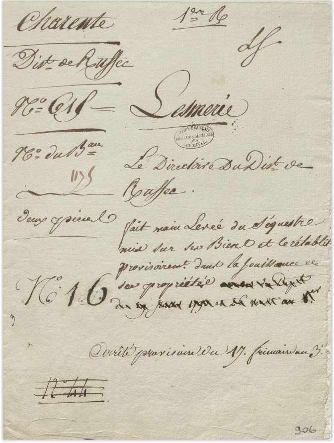 Choisy, surnommé d'Emery, seigneur de Luxé, domicilié et propriétaire à Luxé-Laterne, district de Ruffec (Charente), émigré le 2 juin 1792